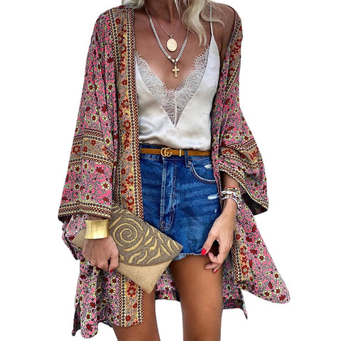 Sonicelife Women Boho Print Floral Beachwear Kimono Cardigan Loose Long Sleeve Shawl Capes Blouse Bikini Cover Wrap Outdoor Thin Coat D30