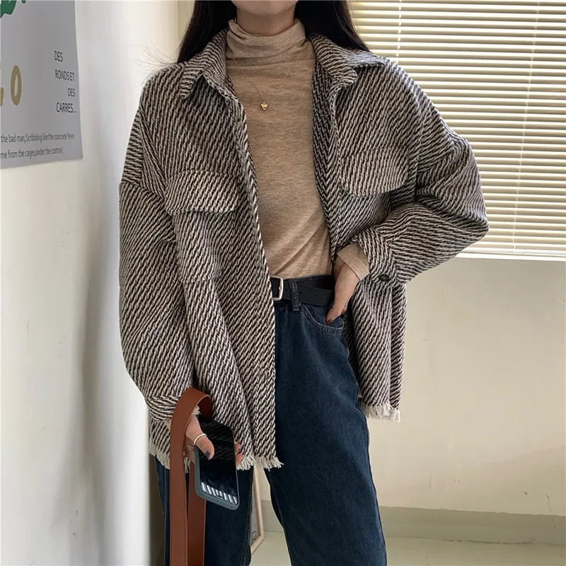 Fashion Women Autumn New Retro Houndstooth Shirts 2023 Vintage Tassel Loose Wild Long Sleeve Jackets Casual Street Lady Outwears