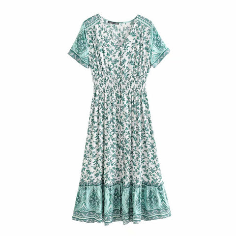 Floral Printed Hippie Maxi Dress Short Sleeve V Neck Vintage Vestidos Summer 2023 Beach Boho Casual Clothes long Women Dresses