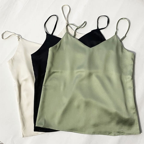 sonicelife Green Camisoles Woman Sleeveless Tops Summer Tops Imitation silk Elegant vest Solid Color Tube
