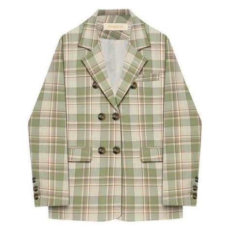 Sonicelife Jackets for Women 2024 Green Plaid Double Breasted Blazer Suit Office Ladies Pockets Female Suits Coat Spring Women's Blazers