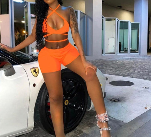 Solid Cross Halter Strapless Women Two Piece Sets 2022 Summer Fashion Sleeveless Backless Streewear Female Outfits