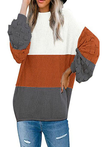Sonicelife Elegant Women Office Lady Pullover Winter Warm Long Sleeve Knit Crochet Turtleneck Lantern Sleeve Sweater Round Neck Streetwear