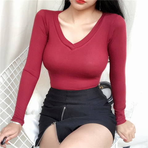 V-neck Slim T Shirt Tops 2023 Autumn Winter Tshirts Korean  white Elasticity Long Sleeve Tee Shirt Femme