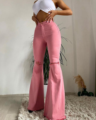 Sonicelife  New Women Denim Flared Pants High-Waisted Button Holes Ripped Bodycon Bell-Bottoms Trousers Solid Tight Summer Clothing