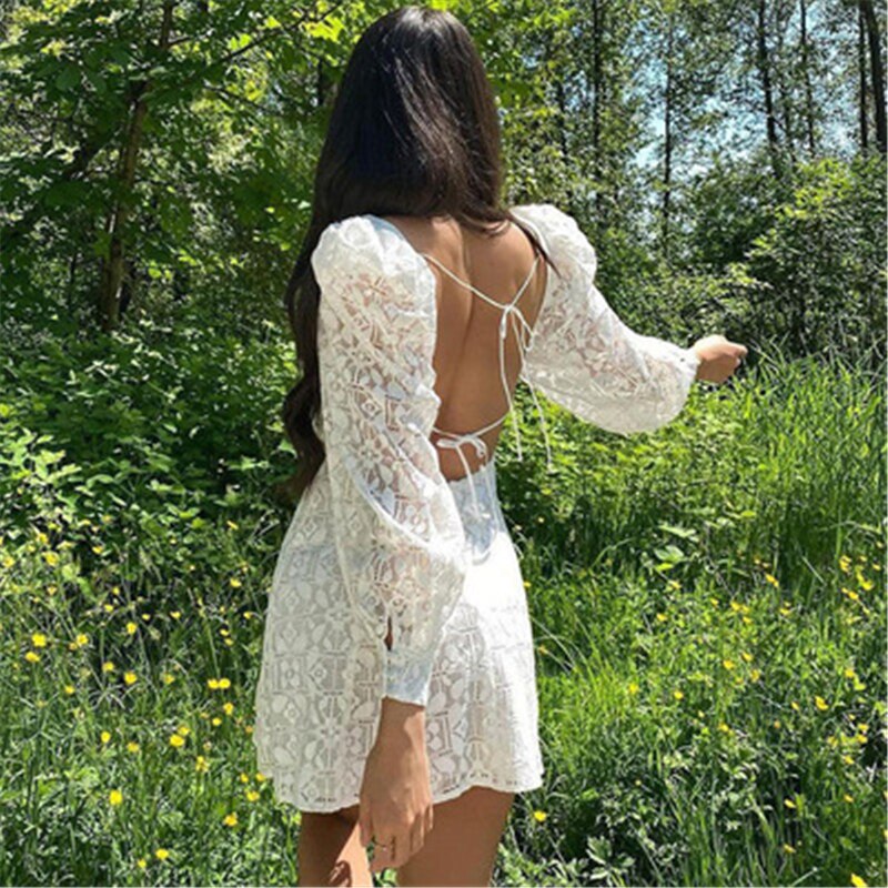 Sonicelife women midi dress y2k Casual Elegant Party lace hedging deep V-neck backless  long-sleeved dress dresses style female white