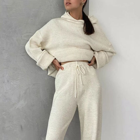 Sonicelife  Spring Elegant Rib Knit 2 Piece Set Women Tracksuit Fashion Solid Loose Hooded Tops And Casual Wide Leg Pants Ladies Solid Suit