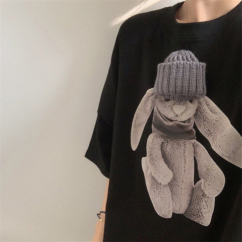 Sonicelife Korean Style Loose Crew Neck T Shirt Summer Top for Women 2024 Trend Clothes Harajuku Bear Short Sleeve Tees Girl Cute Pullover