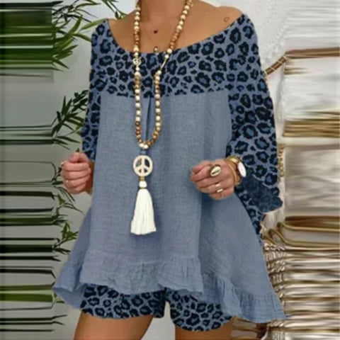 Sonicelife  Summer Fashion Leopard Patchwork Cotton Linen Tops + Elastic Waist Pocket Shorts Suits Casual 3/4 Sleeve Women Two Piece Set 3XL