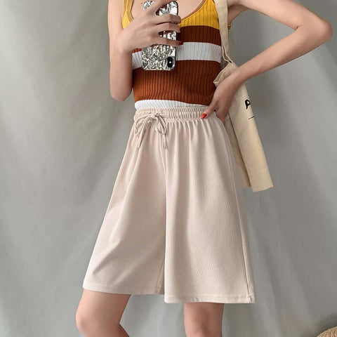 Sonicelife Women's Summer Shorts 2024 Long with High Waist Korean Style Ice Silk Wide Leg Short Loose Drawstring Knee Length Short Pants