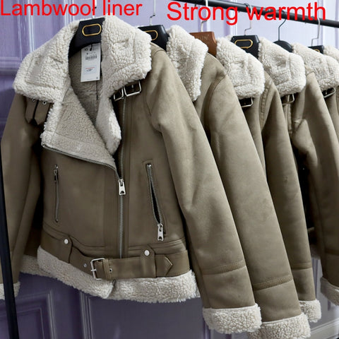 Sonicelife Winter New Women Thick Warm Vintage Suede Lambswool Biker Jackets Coat Chic Sashes Casual Loose Faux Leather Outwear Tops Female