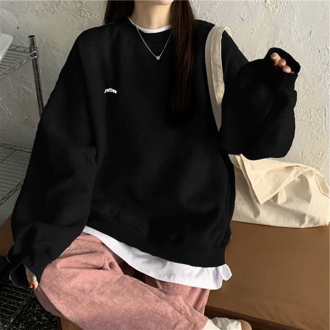 Sonicelife Casual Crewneck Sweatshirt Women Aesthetics Letter Long Sleeve Hoodies Fashion Korean Plush Woman Sweetshirt Egirl Clothes Tops