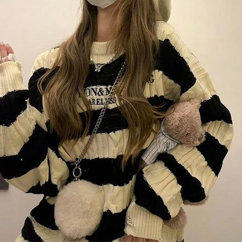 Sonicelife  Harajuku Striped Knitted Sweater Women Korean Style Casual Vintage Oversize Long Sleeve Crewneck Jumper Female Winter