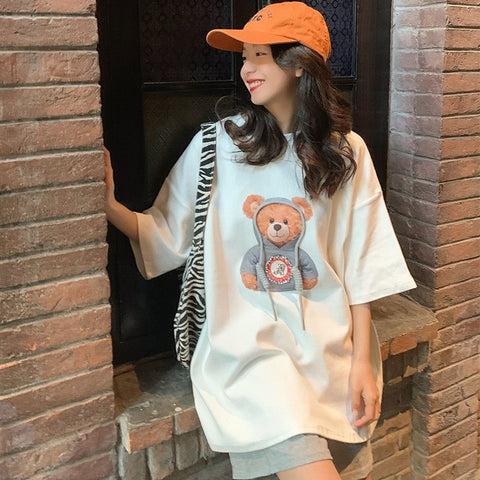 Harajuku Oversized Half Sleeve Top Tee Shirt Femme 2021 Korean Style Clothes Women Kawaii Anime Bear Cotton Chic O-Neck T Shirt