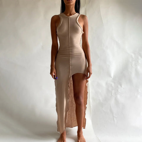 Sonicelife  Women Summer Patchwork Bodycon Solid Color Sleeveless Split Long Tank Dress  2023 Female Clothing Streetwear