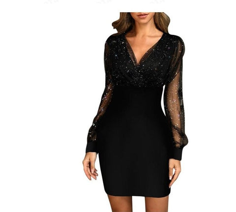 Back to school outfit Sonicelife hoco dresses  Elegant Sequins Dress Women Lace Mesh Patchwork Long Sleeve Mini Dress  V-Neck Bodycon Party Dresses Office Lady Vestidos