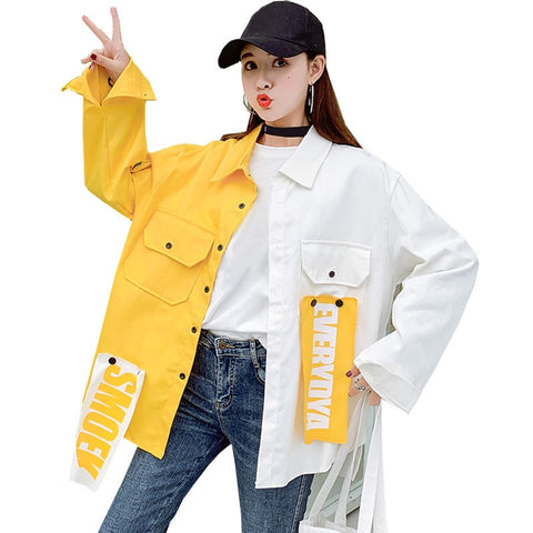 Harajuku Bomber Jacket Coats Women Loose Pocket Designer Cool Red Streetwear Hot Sale Kpop Yellow Spring shirt thin jeans jacket