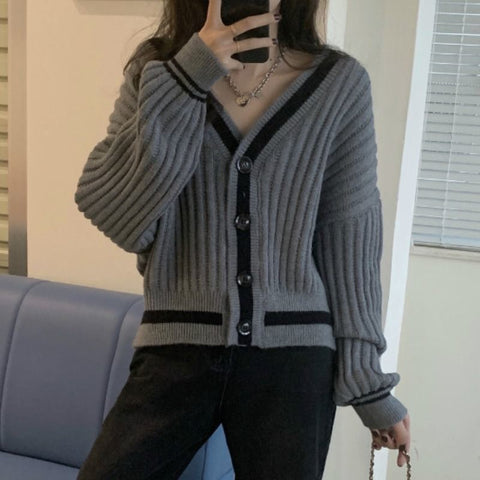 Sonicelife  Korean Style Striped Beige Oversize Sweater Cardigan Women Harajuku Grey Button Basics Solid  Jumper Female Black Tops