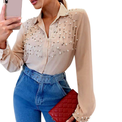 Elegant Office Lady Beaded Tops for Ladies Solid Spring Autumn Turn-down Collar Button T Shirt Women Casual Long Sleeve Shirts
