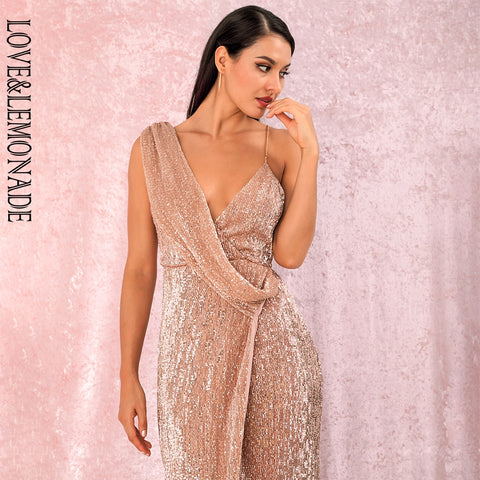 LOVE&LEMONADE  Rose Gold Deep V-Neck Whit Split Sequins Party Maxi Dress LM81849