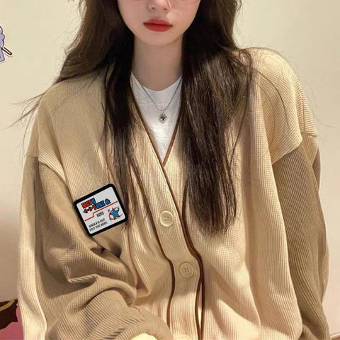 Sonicelife  Korean Style Vintage Khaki Knitted Cardigan Sweater Women Harajuku V-Neck Pocket Long Sleeve Jumper Female Casual Tops