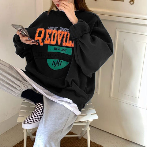 Sonicelife Plus Velvet Casual Warm Pullover Sweatshirts Female Clothing Women Long Sleeve Sweetshirt Loose Letter Printing Crew Neck Tops