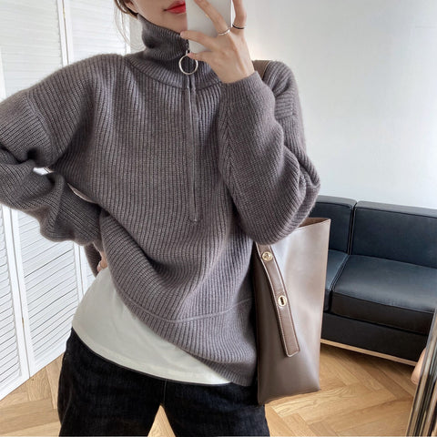 Sonicelife Winter Women's Turtleneck Sweater Pullover Women Zipper Turn Down Soft Beige Knitted Oversize Jumper Loose Vintage Warm Sweaters