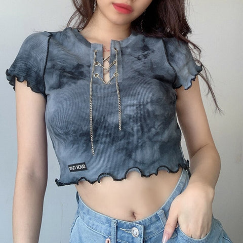 Weekeep Tie Dye Chains Women T-shirt Summer Fashion Print Casual Cropped Tops Female Streetwear Ruffles Tee Shirts Harajuku 2023