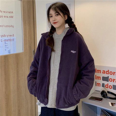 Sonicelife Harajuku Long Sleeve Oversized Hooded Sweatshirts Women Winter Vintage Clothes Woman Warm Thick Jacket Sweetshirt Zip Up Hoodies