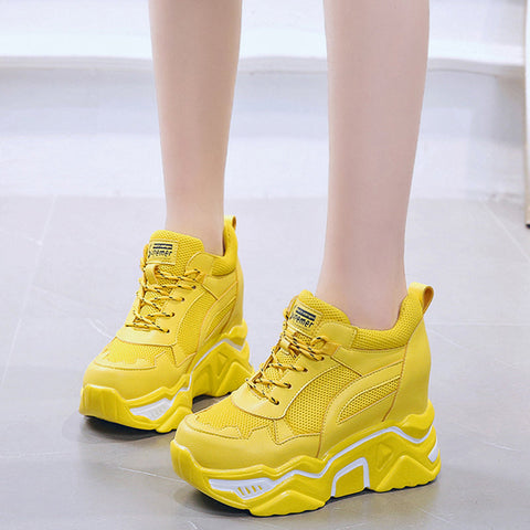 Hidden Heels Wedge Platform Sneakers Women Casual Lace Up Thick Bottom Walking Shoes Woman Non Slip Yellow Sneakers Mujer