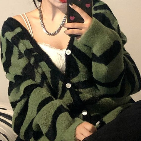 Sonicelife  Deeptown Korean Style Green Zebra Printed Knitted Sweater Cardigan Women Harajuku V-Neck Long Sleeve Oversize Jumper Female Tops