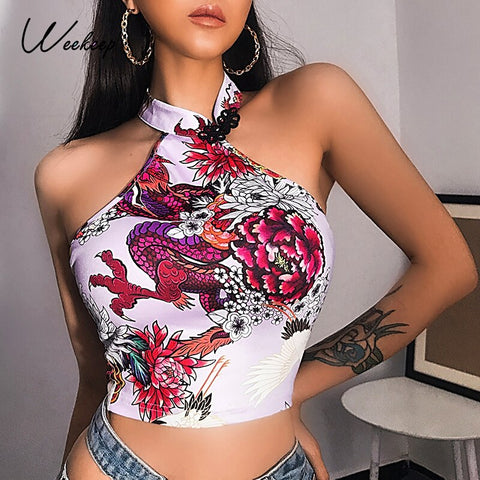 Weekeep Dragon Floral Print Chinese Style Irregular Halter Crop Top Women Strapless Tank Tops Backless Streetwear 90s  Vests
