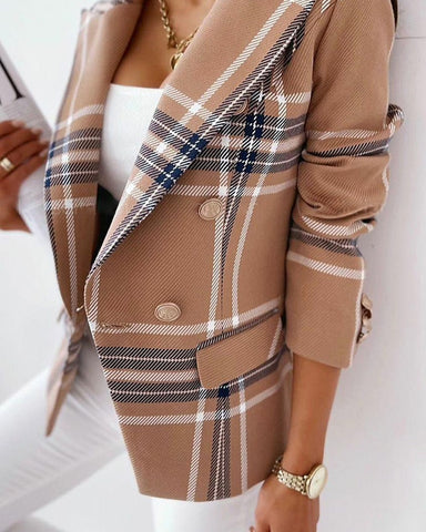 2023 One Piece Plaid Lapel Collar Flap Detail Double Breasted Blazer Women Autumn Long Sleeve Jackets Outdoor Tops New Fashion