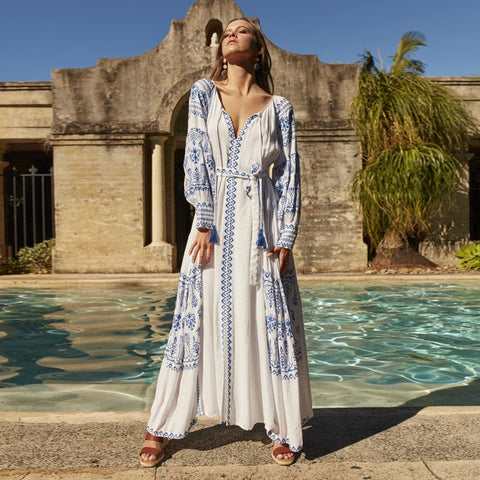 Sonicelife Bahia Maxi Dress Women Summer Fall Long Sleeve Embroidery Vintage Long Dress 2024 Boho Beach Hippie Loose Vestidos Mujer