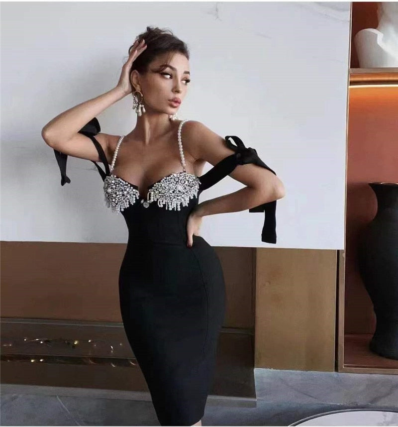 Sonicelife Black Diamonds Women Bandage Dress Off Shoulder Strapless Strap Bodycon Female Evening Party Club  Dresses Summer