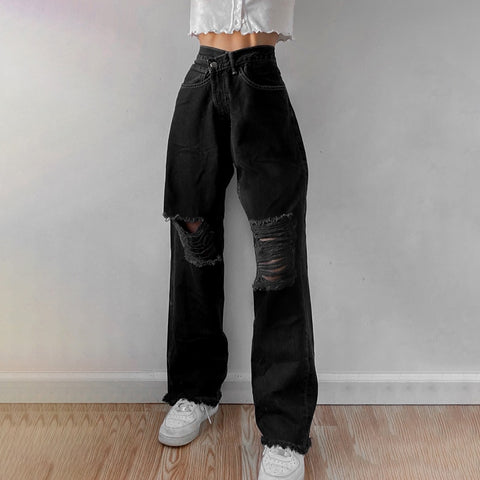 Sonicelife Weekeep New Fashion Holes High Waist Jeans Femme Pantalon 90s Vintage Streetwear Loose Korean Trousers Joggers Women Denim Pants