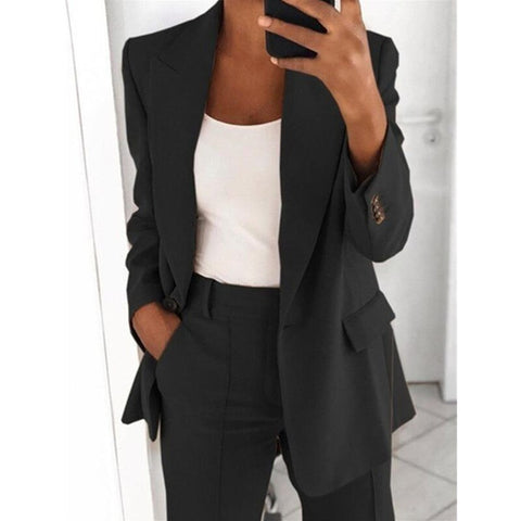 Sonicelife  2023 Summer Autumn Solid Blazer Coat Notched Long Sleeve Cardigan Button Casual Jacket Suits Office Lady Black Blazers