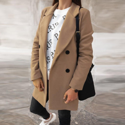 Women Woolen Coat Autumn Winter Fashion Wide Lapel Double-line Buttons Warm Coat Outwear Mid-Long Korean Temperament