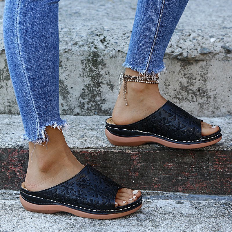 Sonicelife 2024 Summer Women Wedge Sandals Premium Orthopedic Open Toe Sandals Vintage Anti-slip Leather Casual Female Platform Retro Shoes