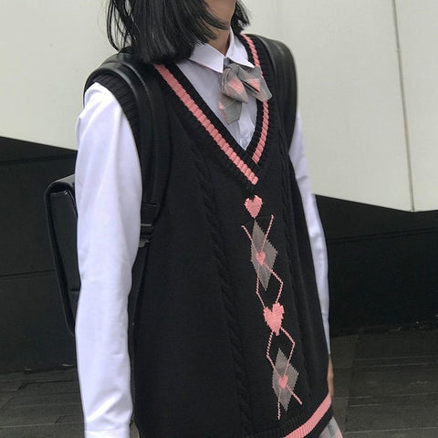 Sonicelife  Kawaii Aygyle Knitted Vest Sweater Women Harajuku Preppy V-Neck Sleeveless Jumper Pullover Female Korean Style Tops