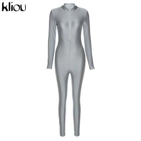 Kliou Zipper Solid Bodycon Womens Jumpsuit New Fashion Streetwear Skinny Long Sleeve One Piece Active Jumpsuits