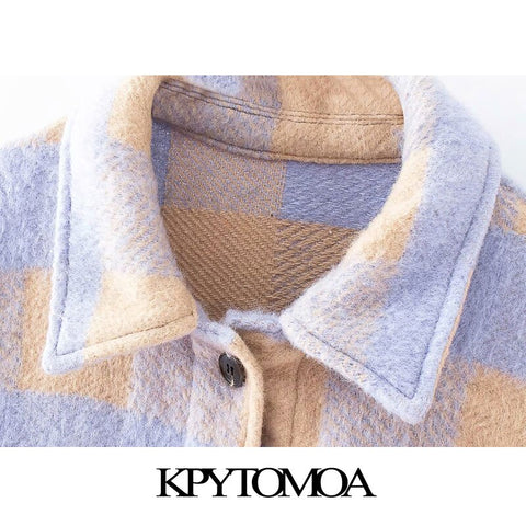 KPYTOMOA Women 2023 Fashion Overshirts Oversized Checked Woolen Jacket Coat Vintage Pocket Asymmetric Female Outerwear Chic Tops