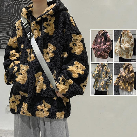 Sonicelife Women Loose Harajuku Kawaii Hoodies Fleece Bear Couple Hoodie Autumn Winter Thick Sweatshirts Oversized Pullover Casual Clothes