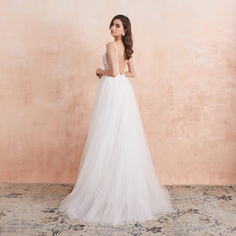 Sonicelife V Neck Wedding Dress White Ivory  High Splits Beaded Beading Pearls Crystal A Line Backless Bridal Gown Vestido De Noiva
