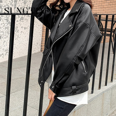 Sonicelife Sungtin Faux Leather Jacket Women Casual PU Loose Motorcycle Jackets Female Streetwear Oversized Coat Korean Chic New Spring