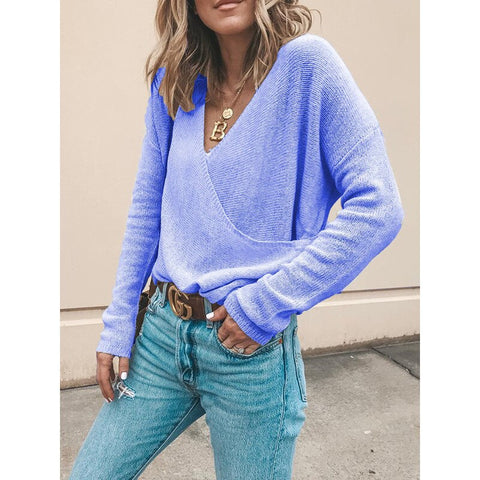 Sonicelife  Cross V Neck Long Sleeves Knitted Sweaters Pullover Women Autumn Winter Casual Loose Solid Sweater Blue Plus Pullovers