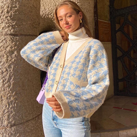 Sonicelife Weekeep Houndstooth Knitted Oversized Sweater Cardigans Womens Casual Buttons V Neck Jumpers Streetwear Harajuku Autumn Knitwear