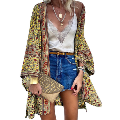 Sonicelife Women Boho Print Floral Beachwear Kimono Cardigan Loose Long Sleeve Shawl Capes Blouse Bikini Cover Wrap Outdoor Thin Coat D30