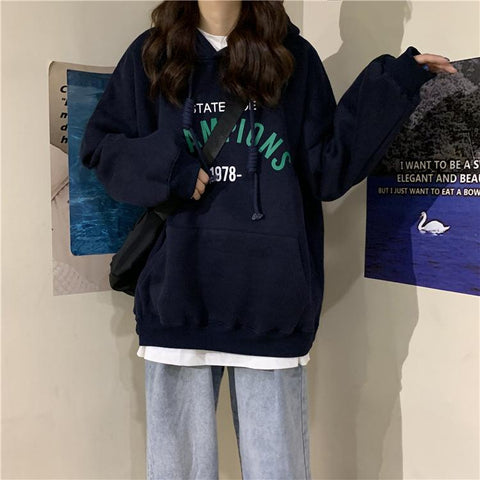 Sonicelife Hoodies Women 2024 New Loose Korean Student Blouse Harajuku Style Printing Plus Cashmere Hooded Woman Clothes Ladies Pullovers