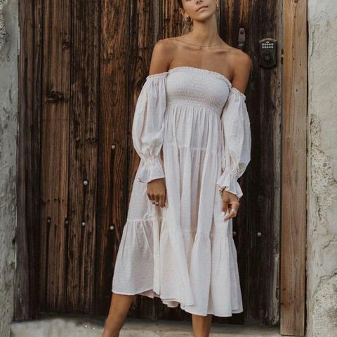 Sonicelife  White Dresses For Women 2023 Vintage Dress Women French Ruffle Long Sleeve Dresses Woman Party Night Vacation Dress Summer Beach0417